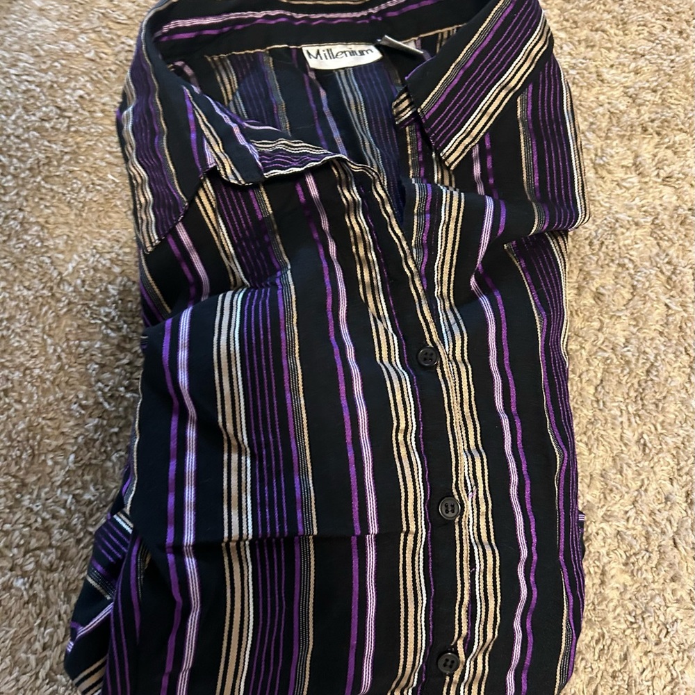 Millennium Black Striped Button-Up Shirt Purple & Stripes size 24 long sleeve